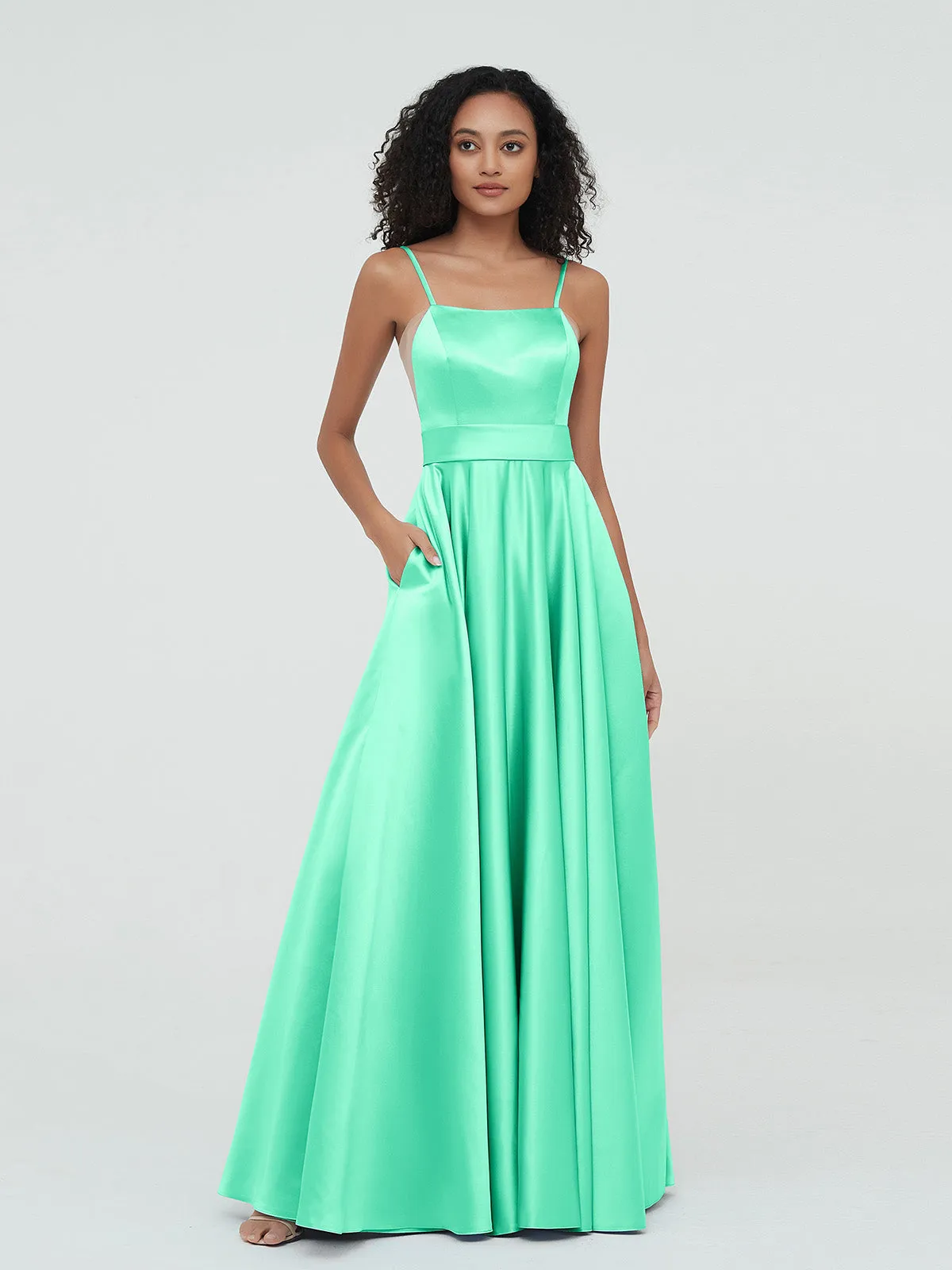 A-ligne Bretelles Spaghetti Robes Maxi en Satin Turquoise