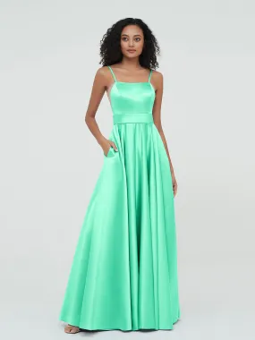 A-ligne Bretelles Spaghetti Robes Maxi en Satin Turquoise