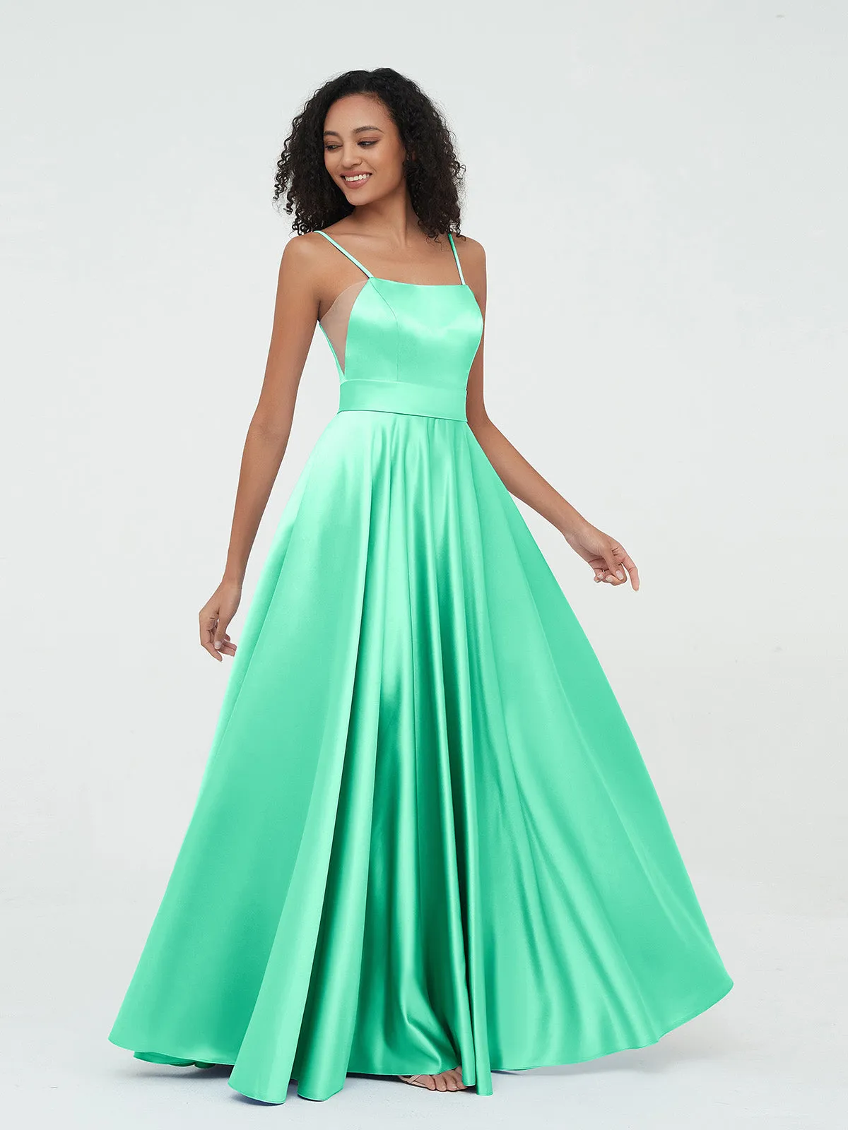 A-ligne Bretelles Spaghetti Robes Maxi en Satin Turquoise