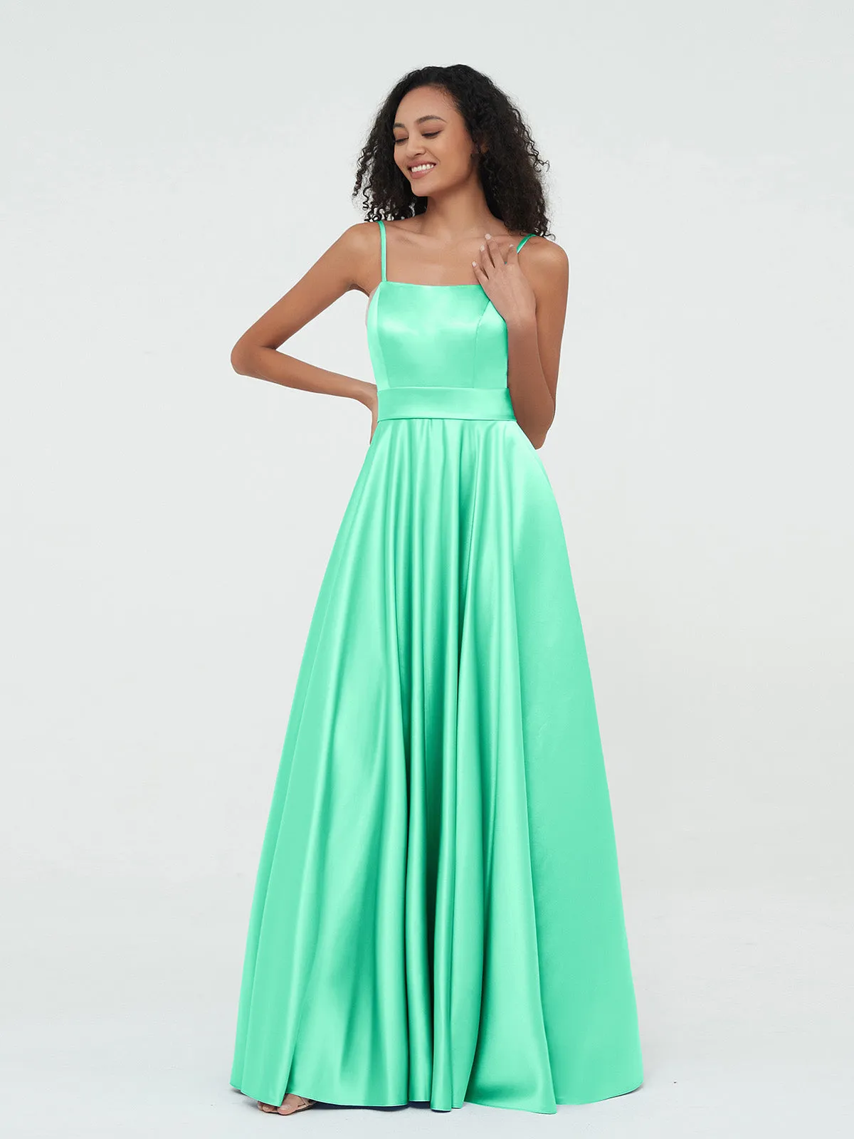 A-ligne Bretelles Spaghetti Robes Maxi en Satin Turquoise