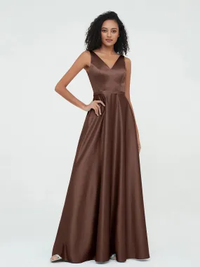 A-ligne Robes Maxi à Col en V en Satin avec Poches Chocolat