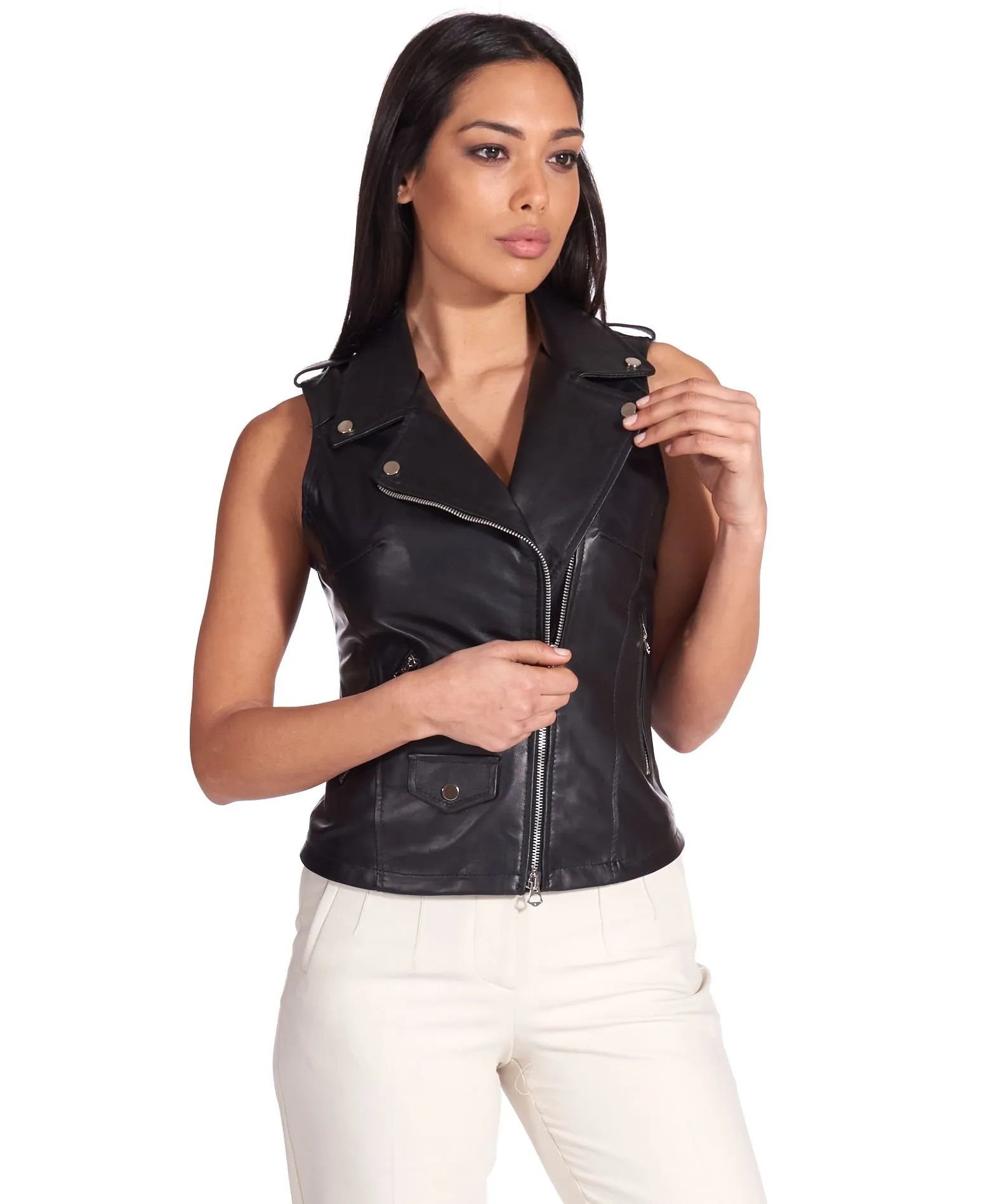 Blouson en cuir femme Sans manches en cuir noir