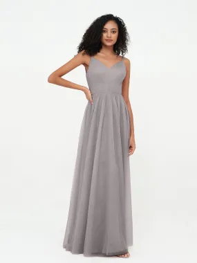 Bretelles Spaghetti Robes Maxi Plissé en Tulle Argent