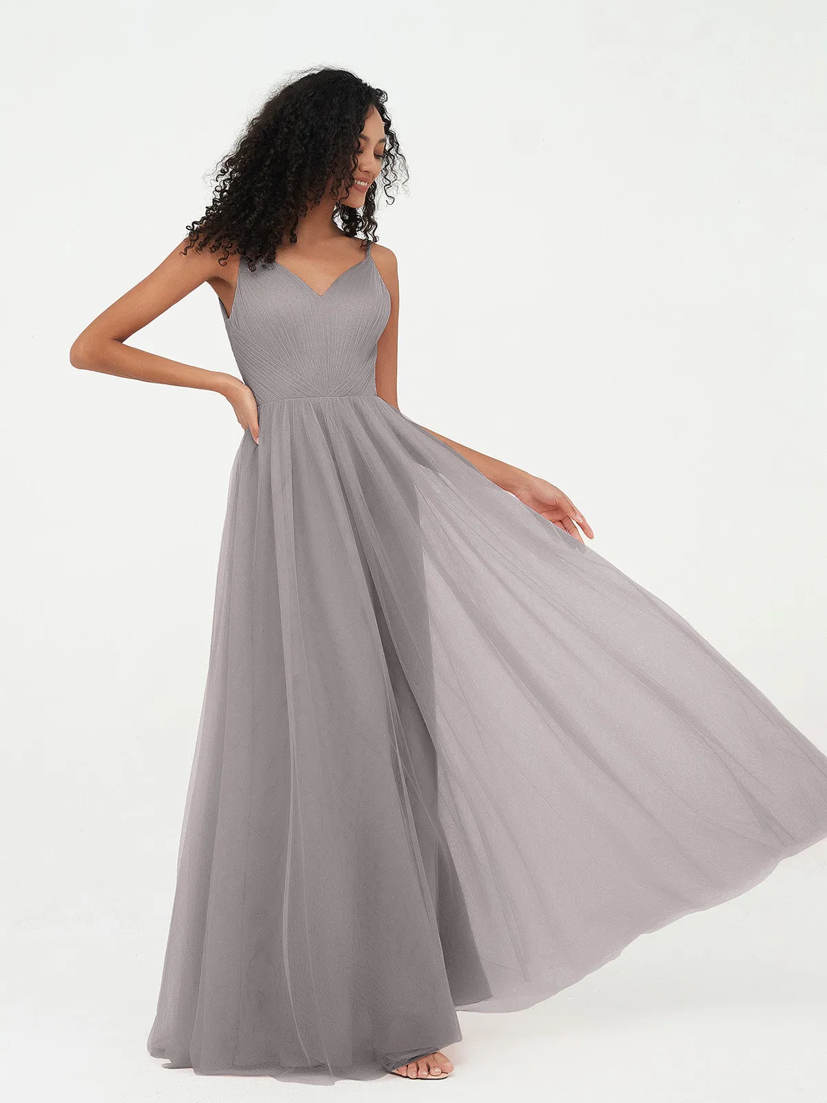 Bretelles Spaghetti Robes Maxi Plissé en Tulle Argent