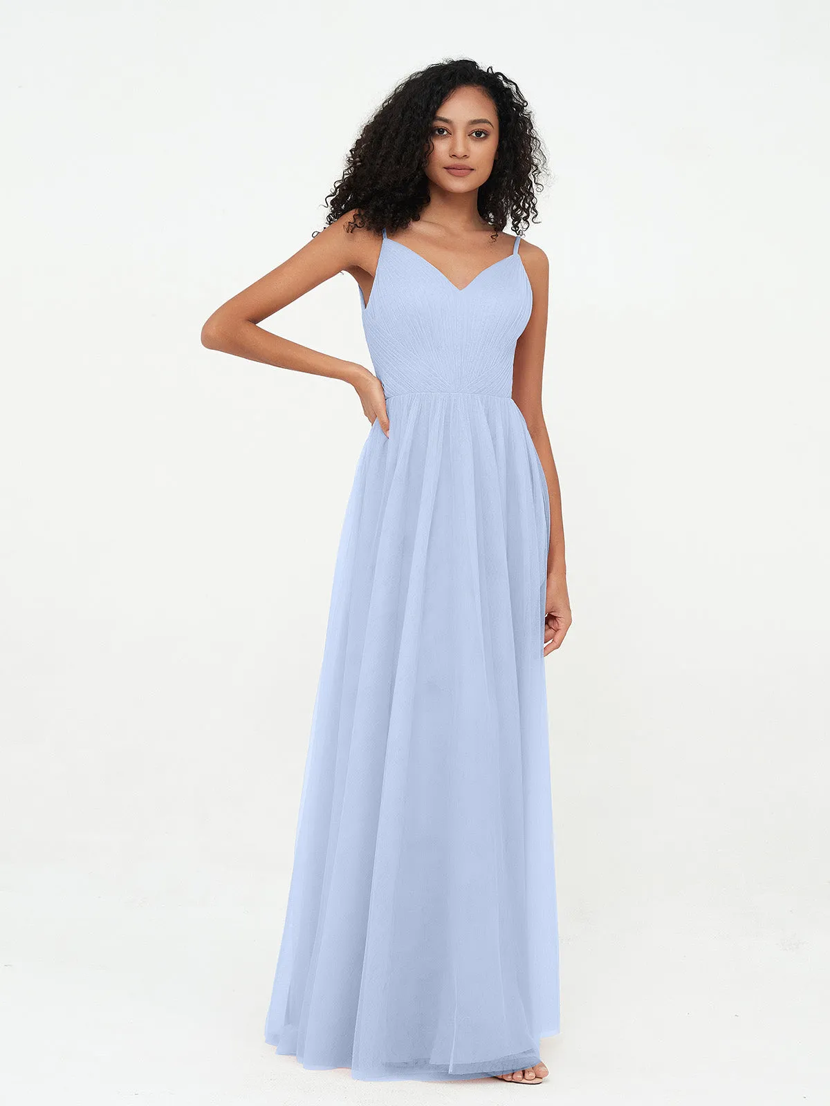 Bretelles Spaghetti Robes Maxi Plissé en Tulle Bleu Ciel