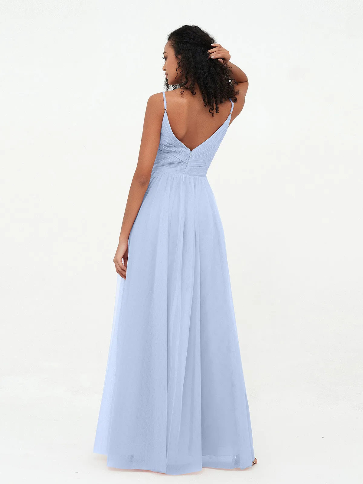 Bretelles Spaghetti Robes Maxi Plissé en Tulle Bleu Ciel