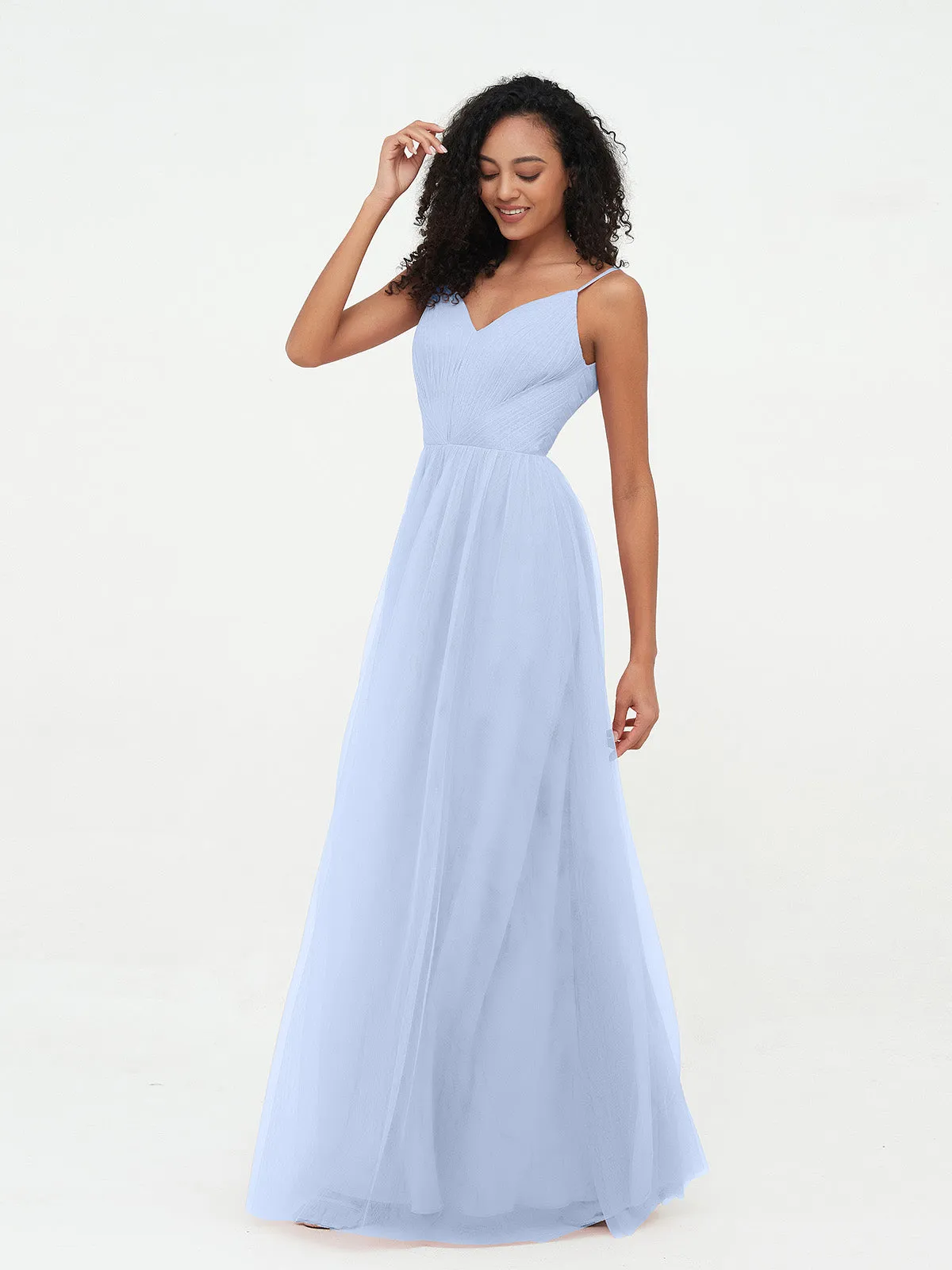 Bretelles Spaghetti Robes Maxi Plissé en Tulle Bleu Ciel