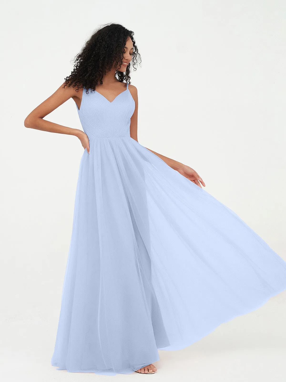 Bretelles Spaghetti Robes Maxi Plissé en Tulle Bleu Ciel