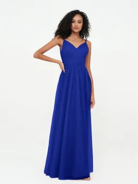 Bretelles Spaghetti Robes Maxi Plissé en Tulle Bleu Royale Grande Taille