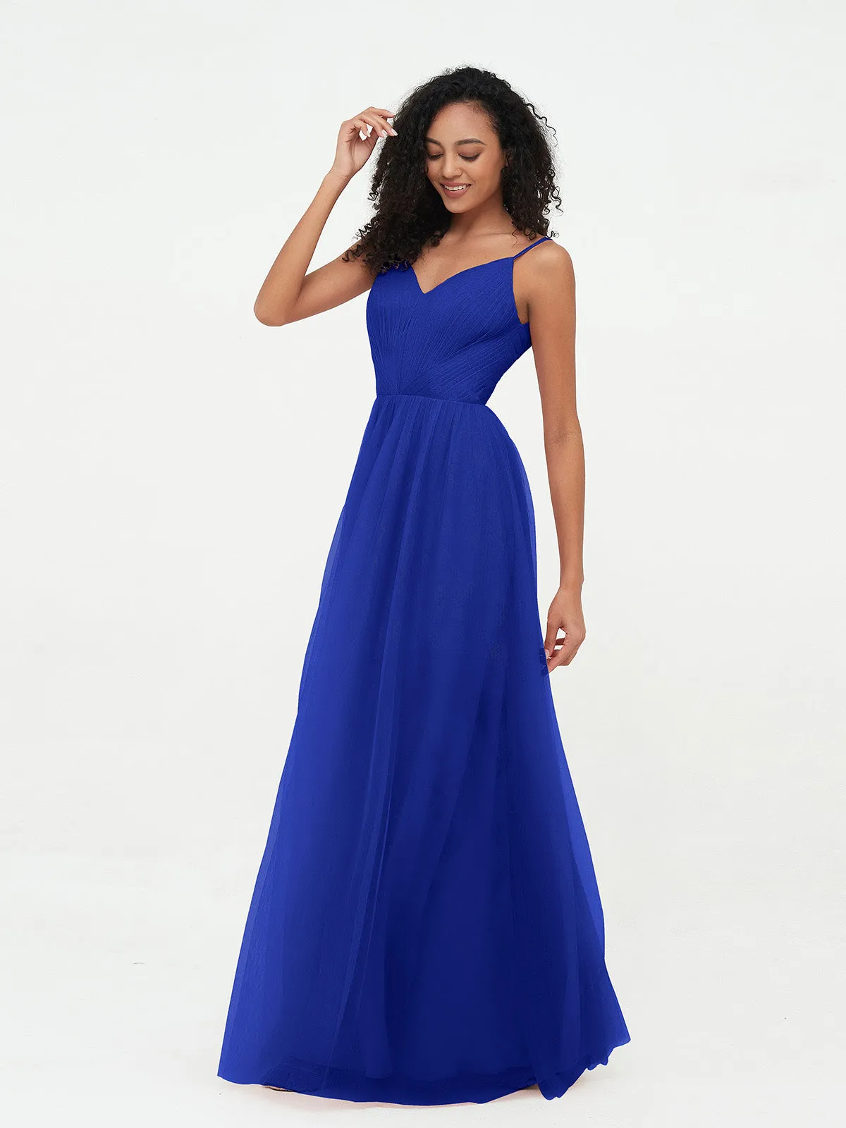 Bretelles Spaghetti Robes Maxi Plissé en Tulle Bleu Royale Grande Taille