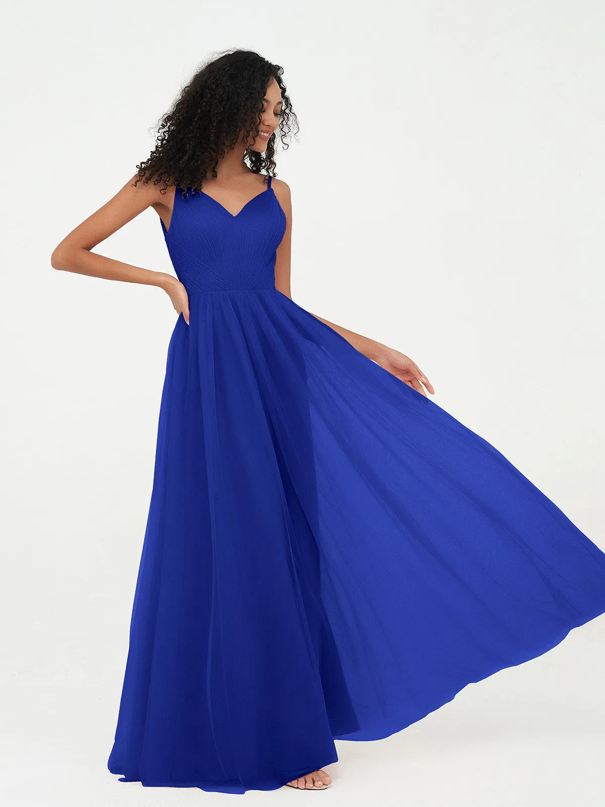 Bretelles Spaghetti Robes Maxi Plissé en Tulle Bleu Royale Grande Taille