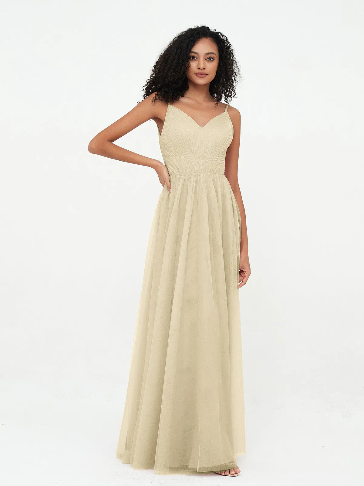 Bretelles Spaghetti Robes Maxi Plissé en Tulle Champagne