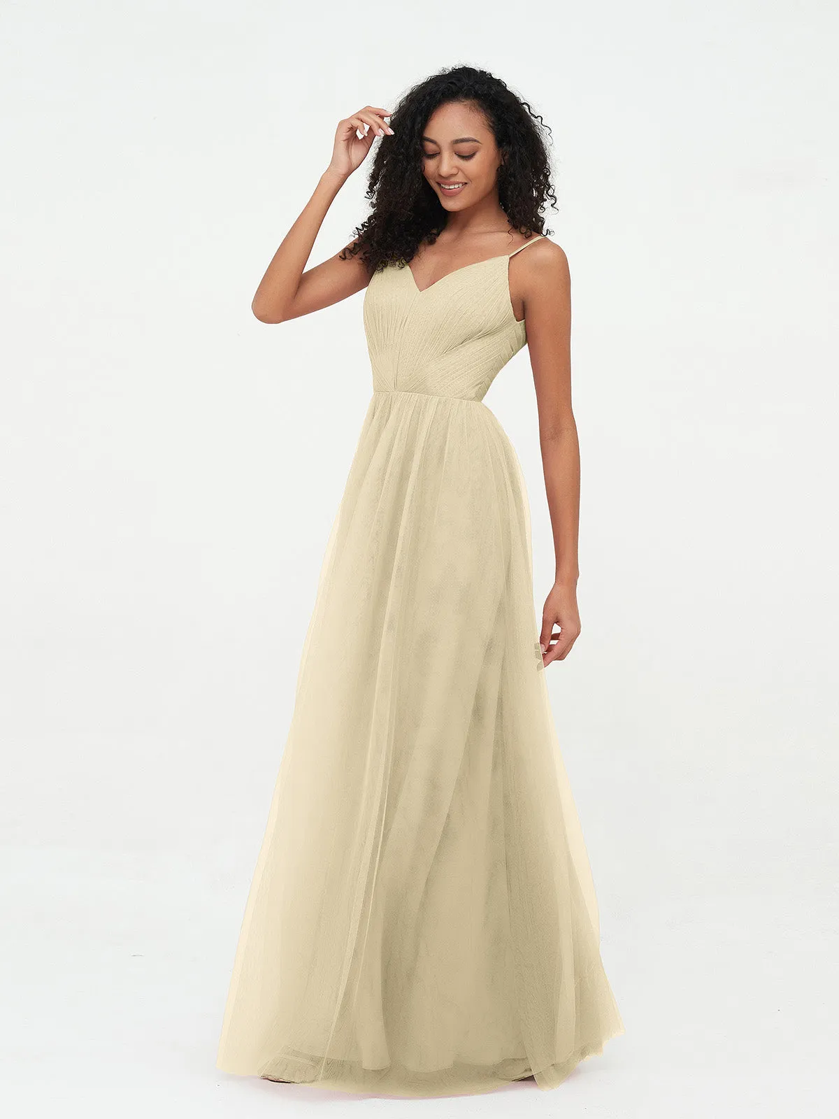 Bretelles Spaghetti Robes Maxi Plissé en Tulle Champagne