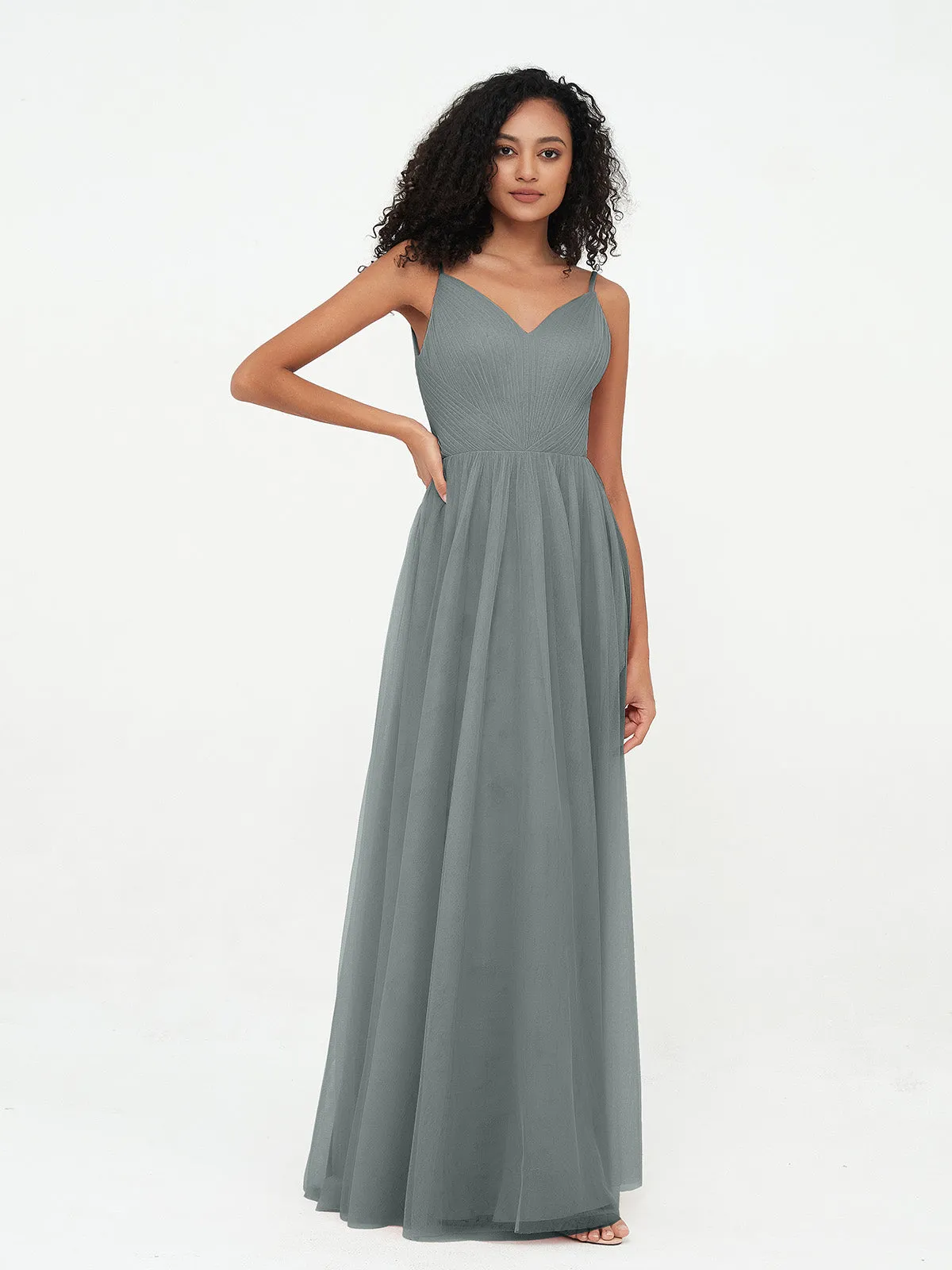 Bretelles Spaghetti Robes Maxi Plissé en Tulle Gris Acier Grande Taille