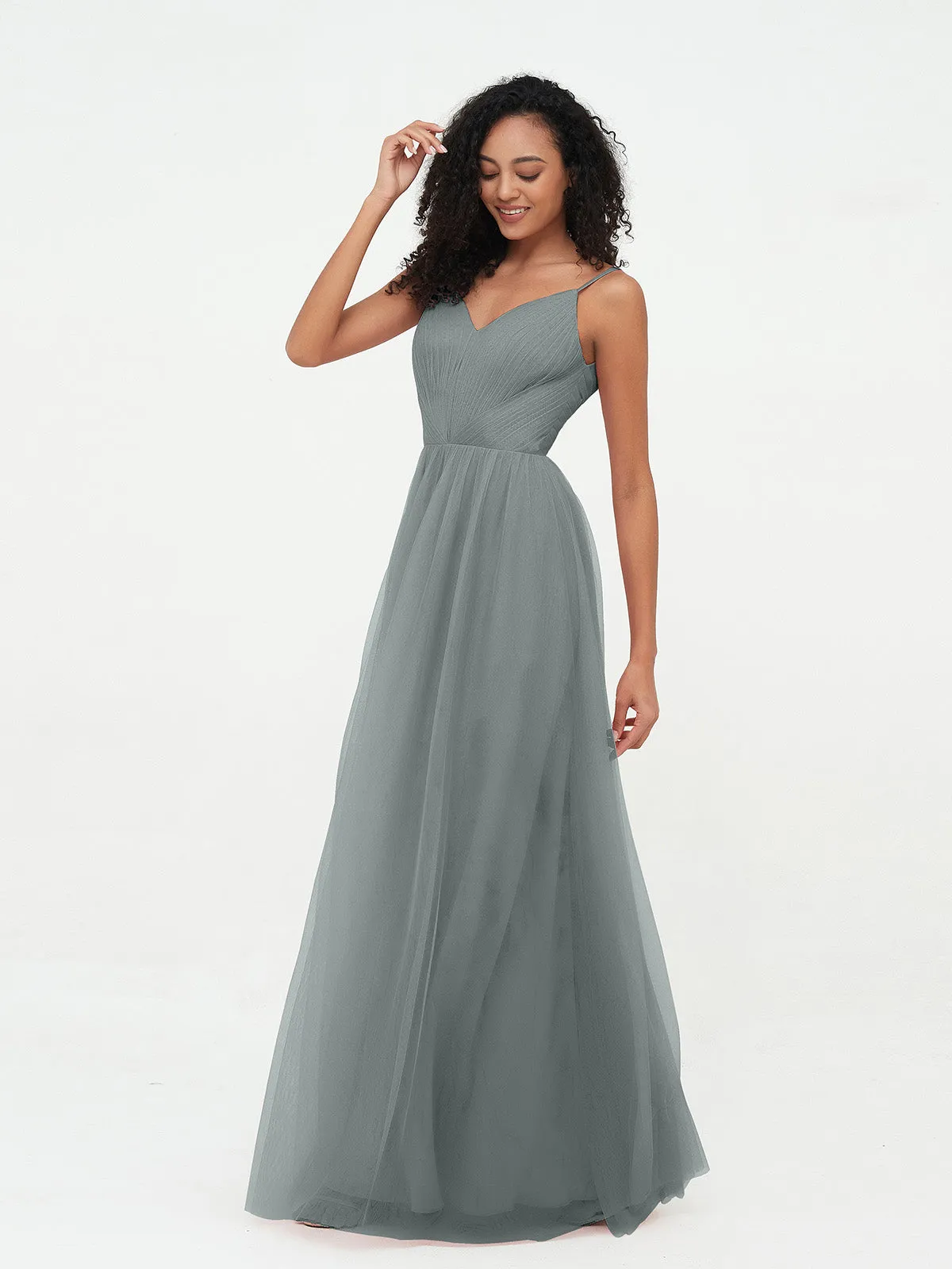 Bretelles Spaghetti Robes Maxi Plissé en Tulle Gris Acier Grande Taille