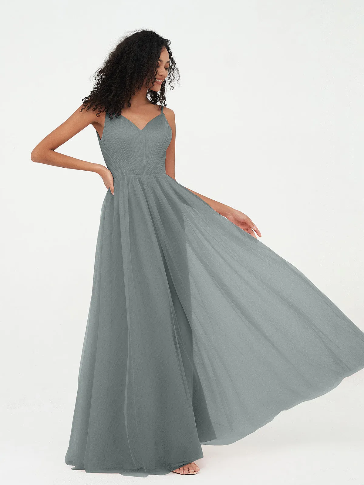 Bretelles Spaghetti Robes Maxi Plissé en Tulle Gris Acier Grande Taille