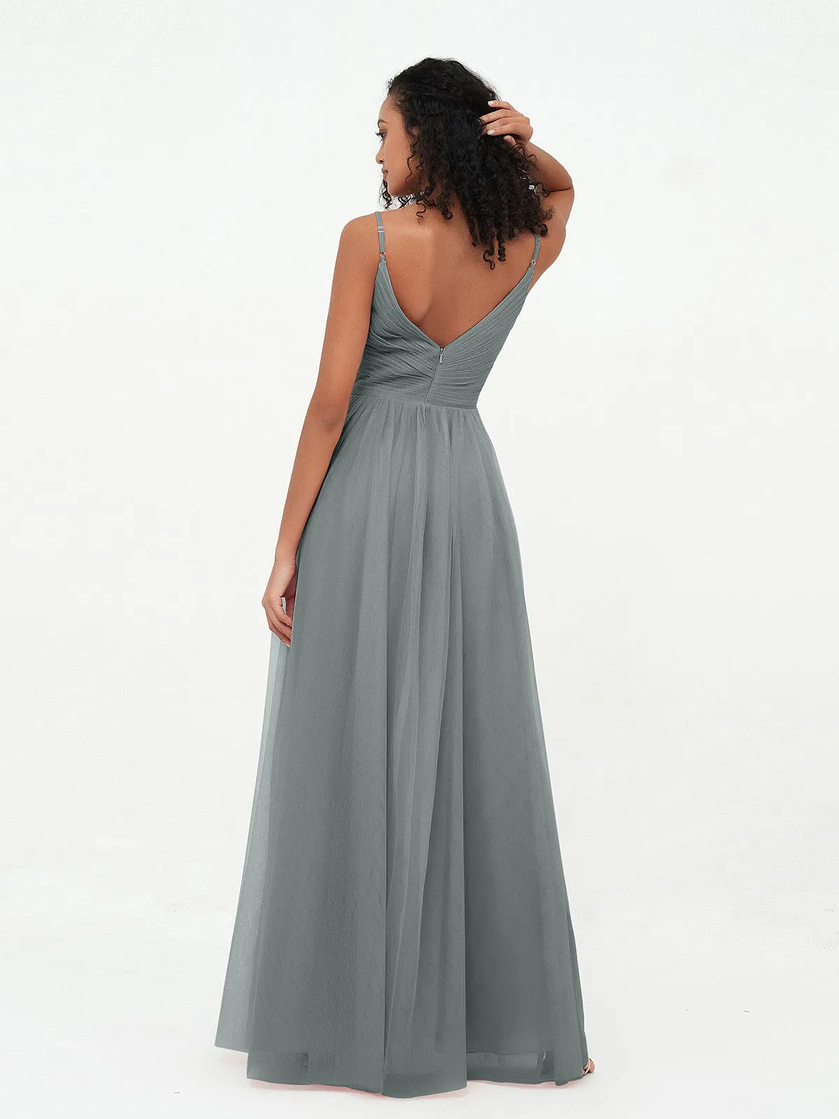 Bretelles Spaghetti Robes Maxi Plissé en Tulle Gris Acier