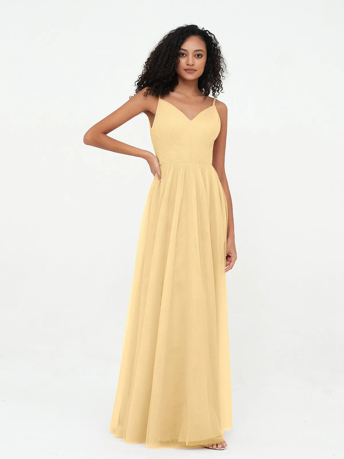 Bretelles Spaghetti Robes Maxi Plissé en Tulle Or Grande Taille