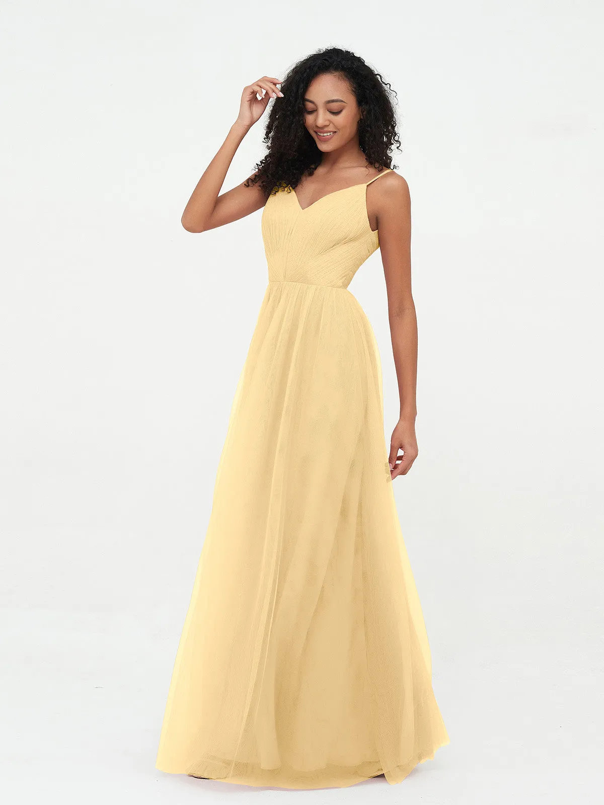 Bretelles Spaghetti Robes Maxi Plissé en Tulle Or Grande Taille