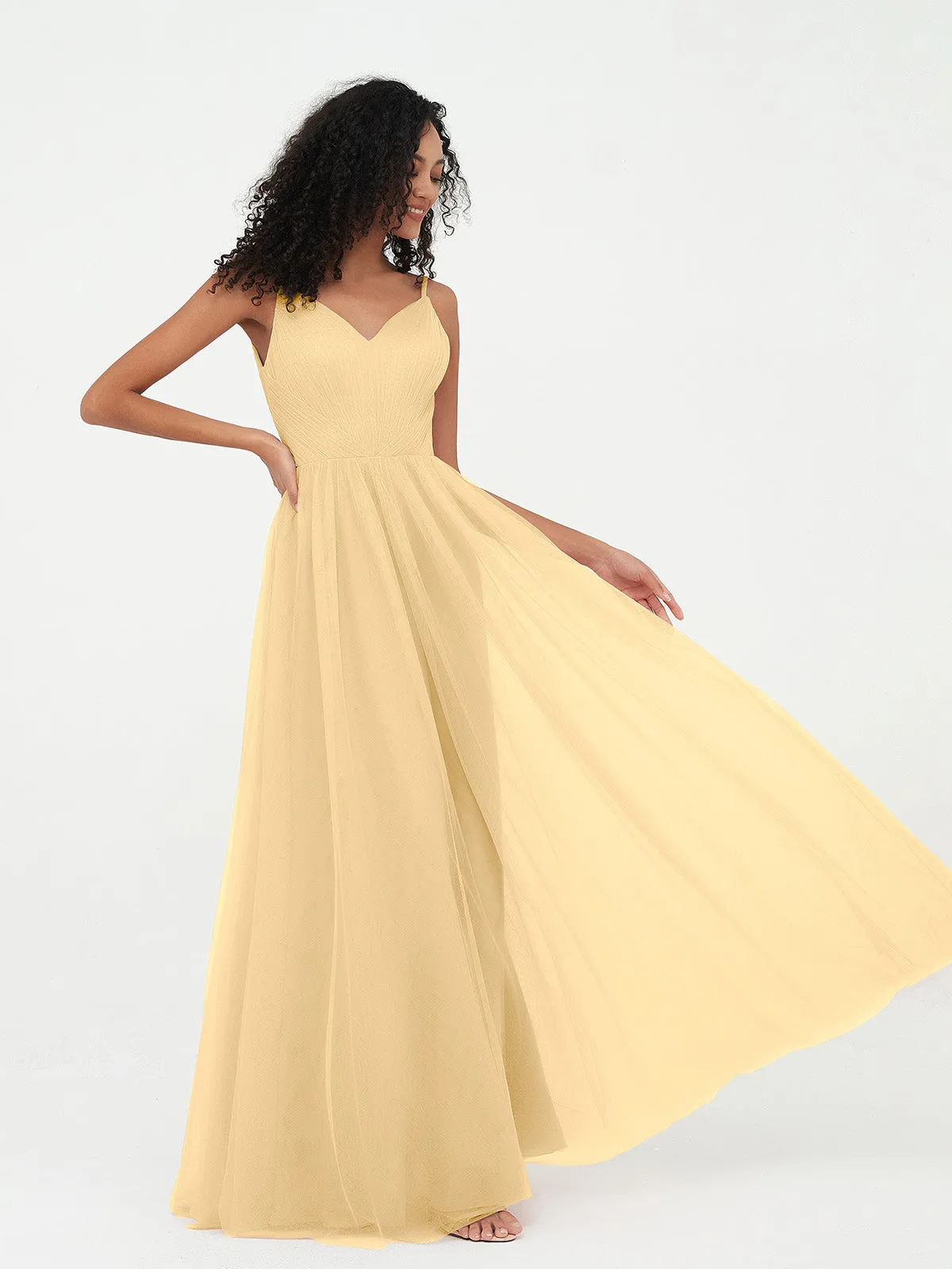 Bretelles Spaghetti Robes Maxi Plissé en Tulle Or Grande Taille