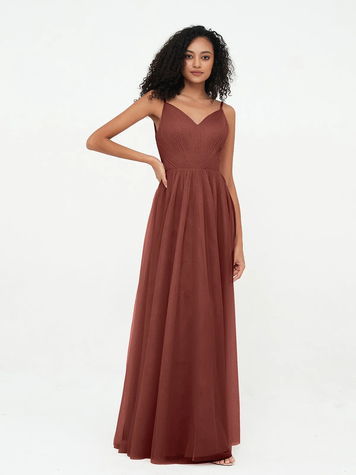 Bretelles Spaghetti Robes Maxi Plissé en Tulle terracotta