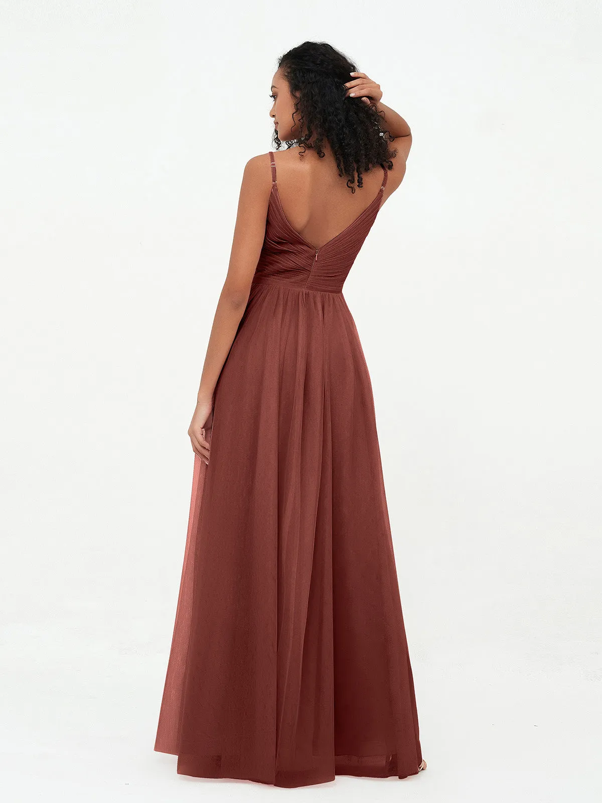 Bretelles Spaghetti Robes Maxi Plissé en Tulle terracotta