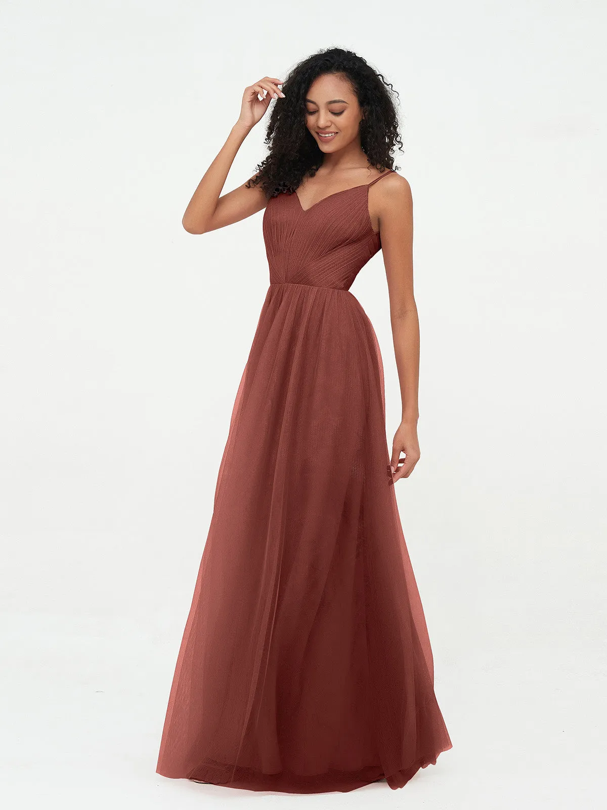 Bretelles Spaghetti Robes Maxi Plissé en Tulle terracotta