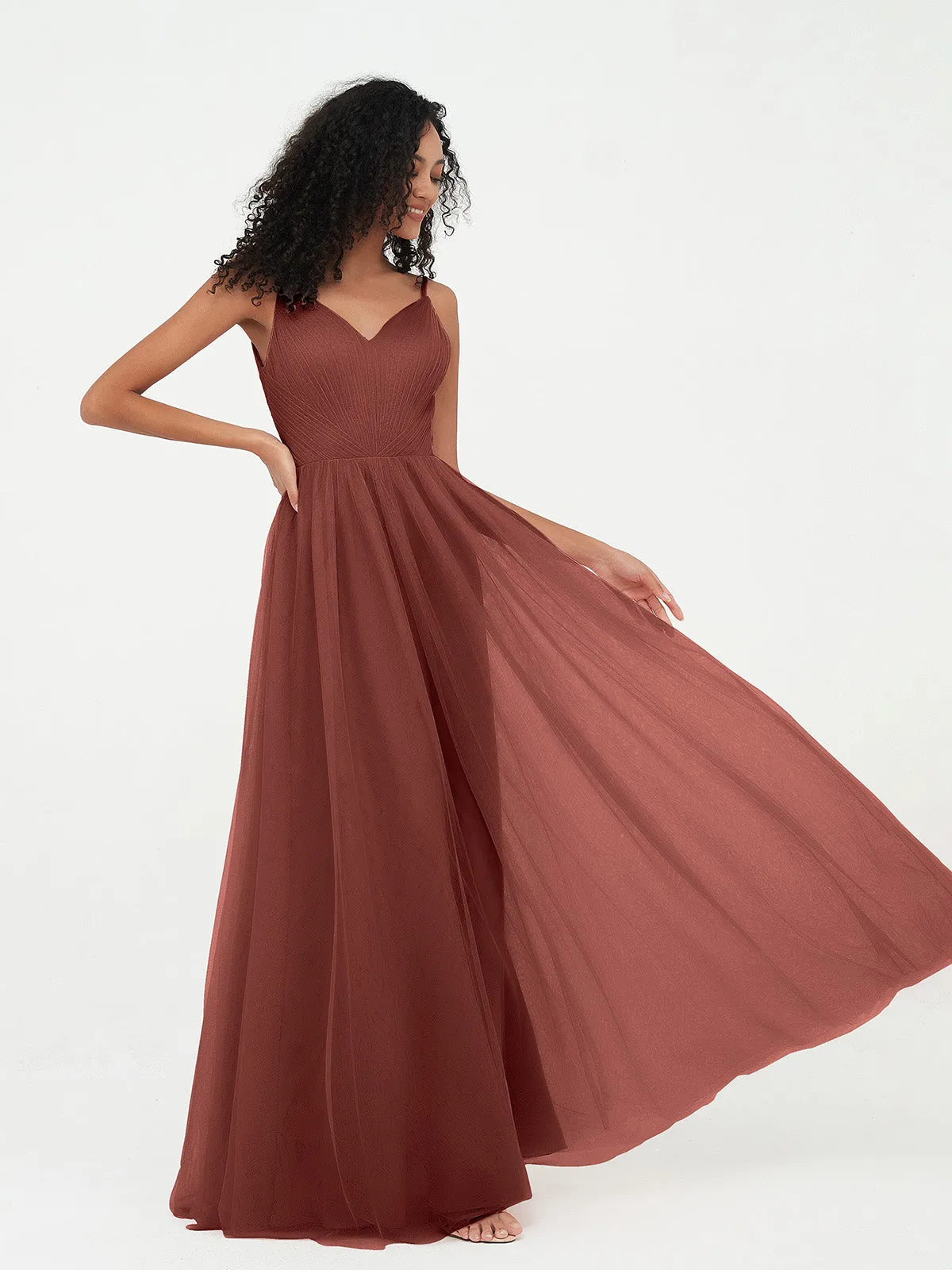 Bretelles Spaghetti Robes Maxi Plissé en Tulle terracotta