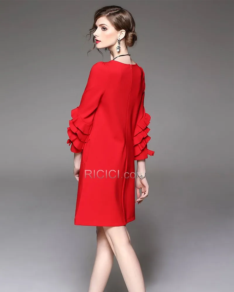 Col Bateau Polyester Demi Manche Fourreau / Droite Chic À Volants Robes Casual Bureau Rouge Midi