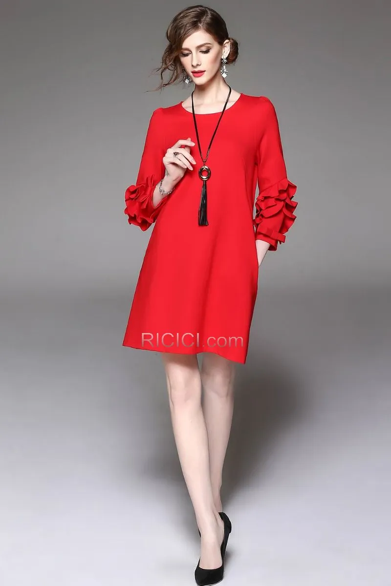 Col Bateau Polyester Demi Manche Fourreau / Droite Chic À Volants Robes Casual Bureau Rouge Midi