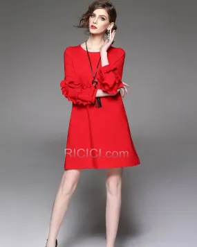 Col Bateau Polyester Demi Manche Fourreau / Droite Chic À Volants Robes Casual Bureau Rouge Midi