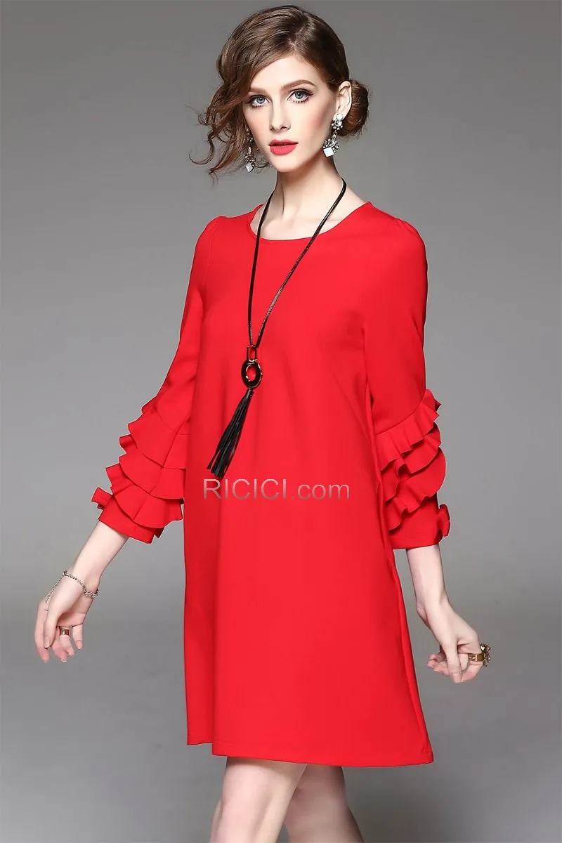 Col Bateau Polyester Demi Manche Fourreau / Droite Chic À Volants Robes Casual Bureau Rouge Midi