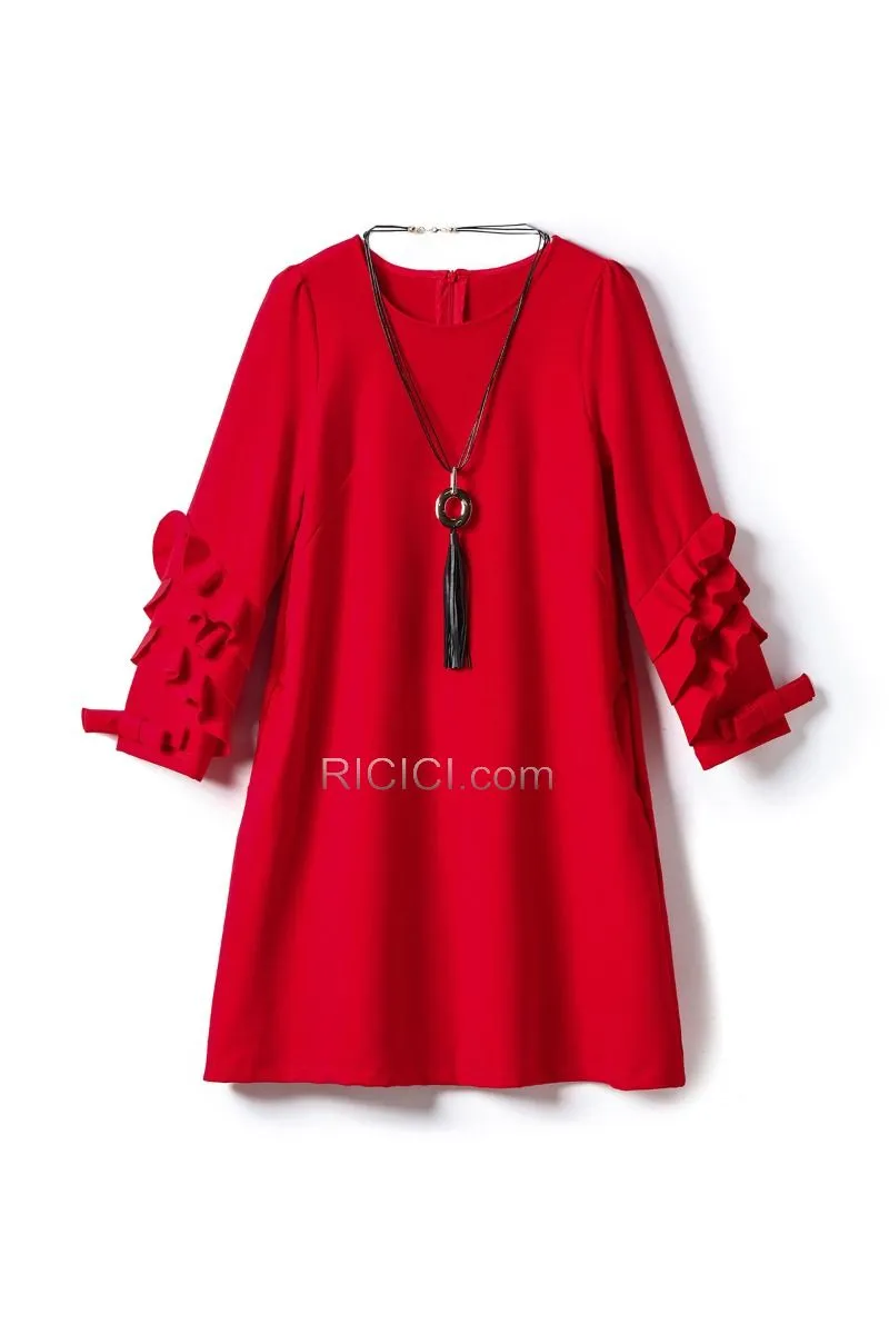 Col Bateau Polyester Demi Manche Fourreau / Droite Chic À Volants Robes Casual Bureau Rouge Midi