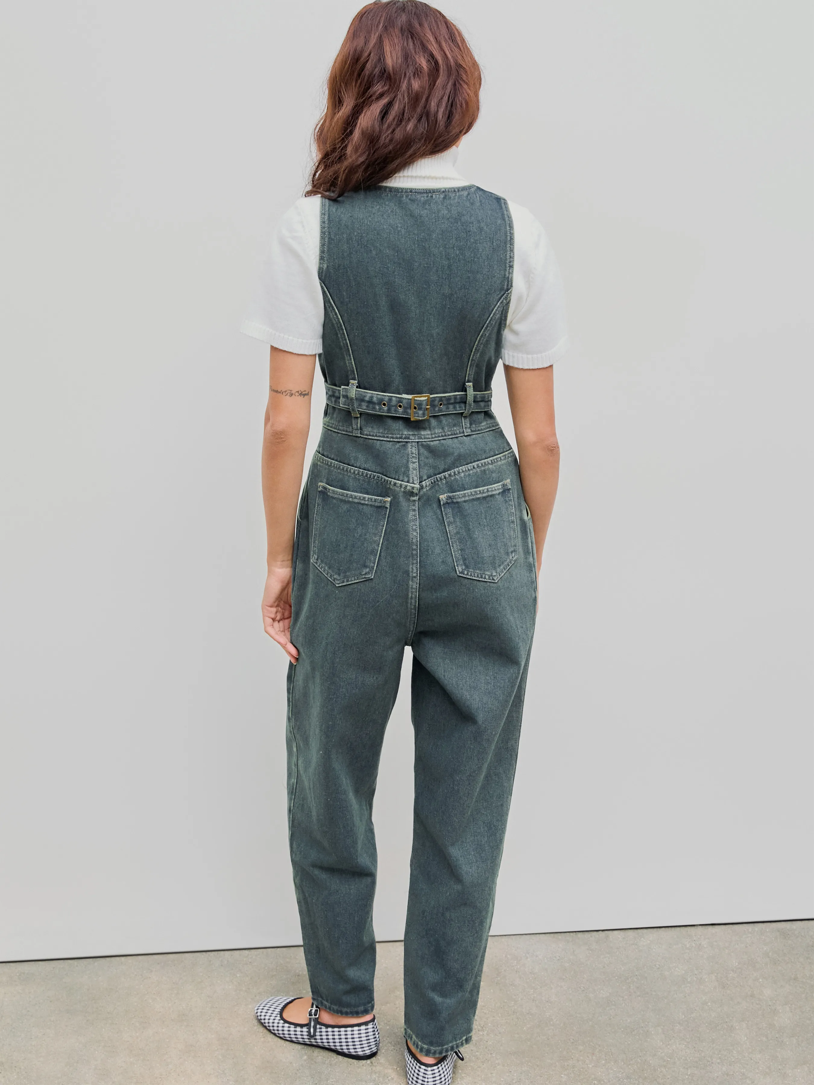  Combinaison Denim à col en V avec ceinture et jambe droite