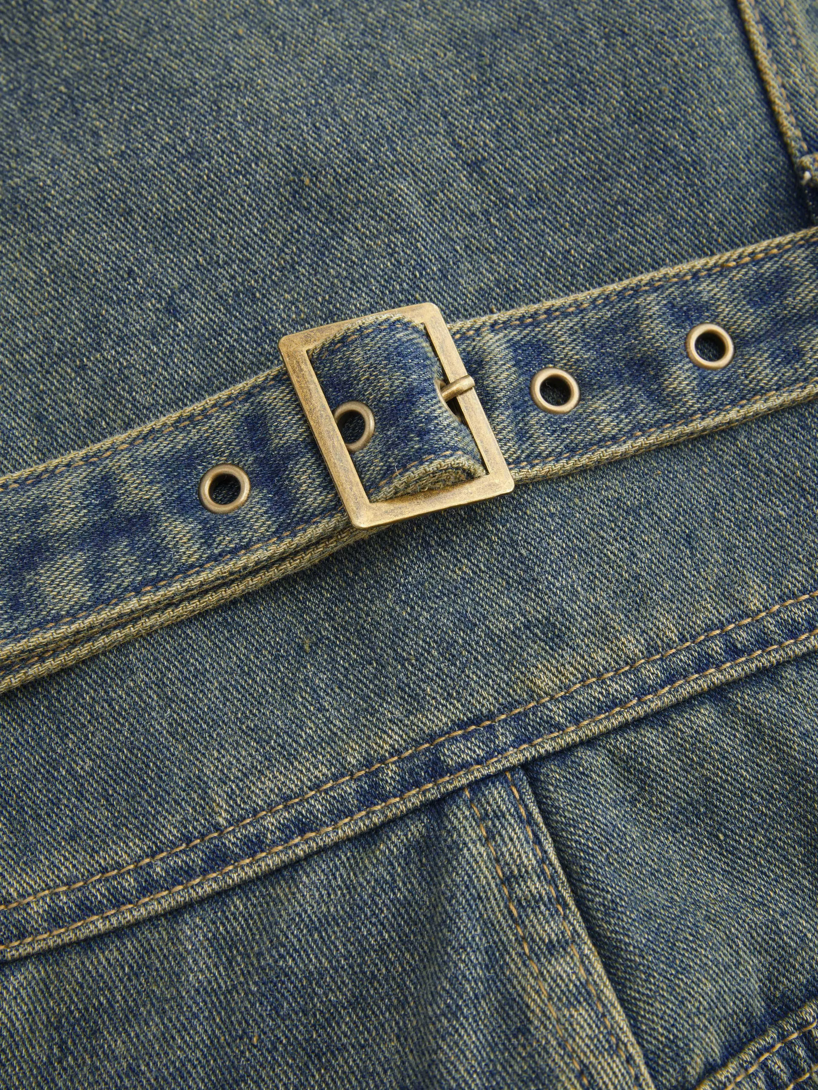  Combinaison Denim à col en V avec ceinture et jambe droite