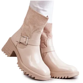 FE1 Bottines Chaudes Femme Sur Un Talon Chunky Beige Marinela