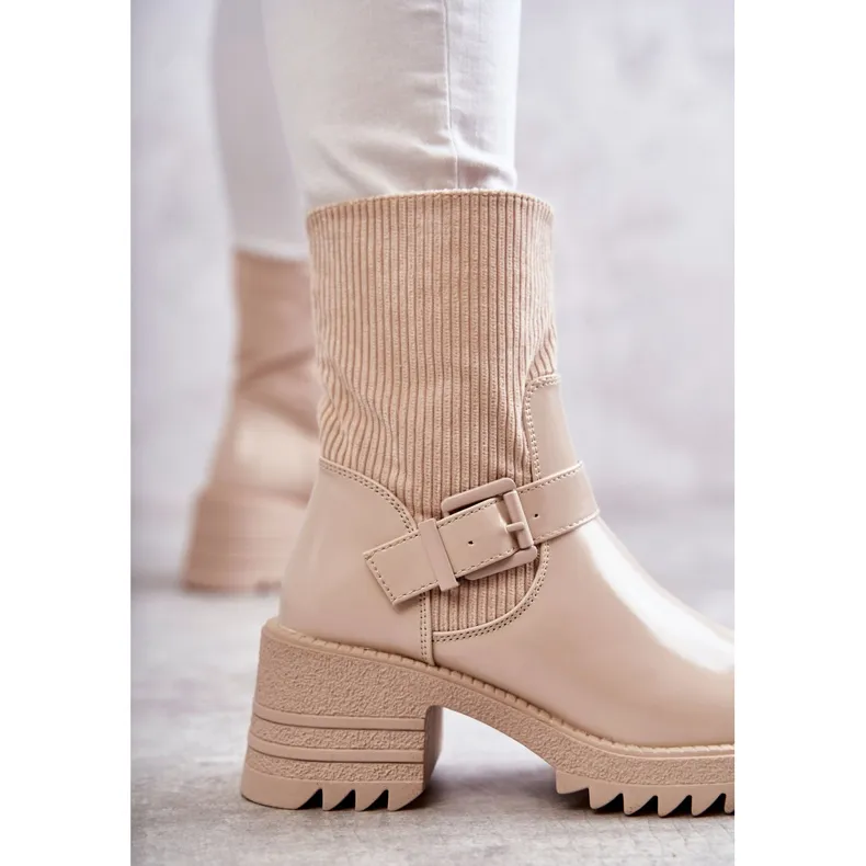 FE1 Bottines Chaudes Femme Sur Un Talon Chunky Beige Marinela