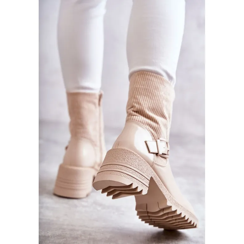 FE1 Bottines Chaudes Femme Sur Un Talon Chunky Beige Marinela