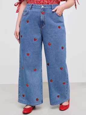 Jeans baggy brodés de fraises taille moyenne en denim Curve & Plus