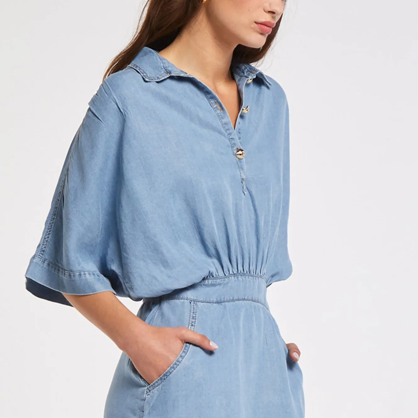 robe avec coupe à la taille froncée en denim tencel sky - CafèNoir