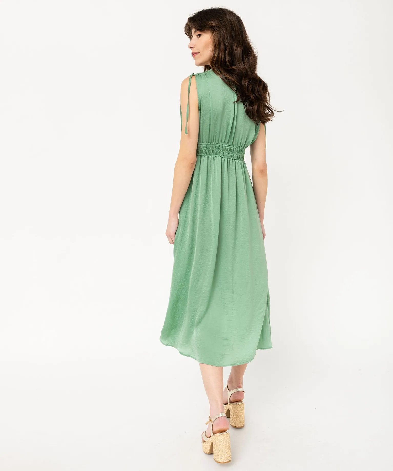 robe longue sans manches taille empire et col v femme vert robes