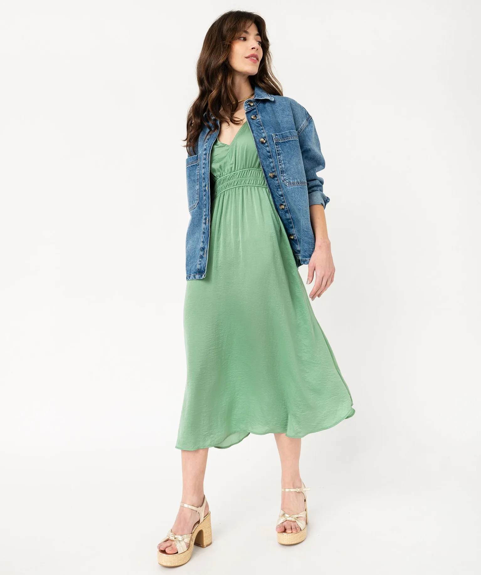 robe longue sans manches taille empire et col v femme vert robes