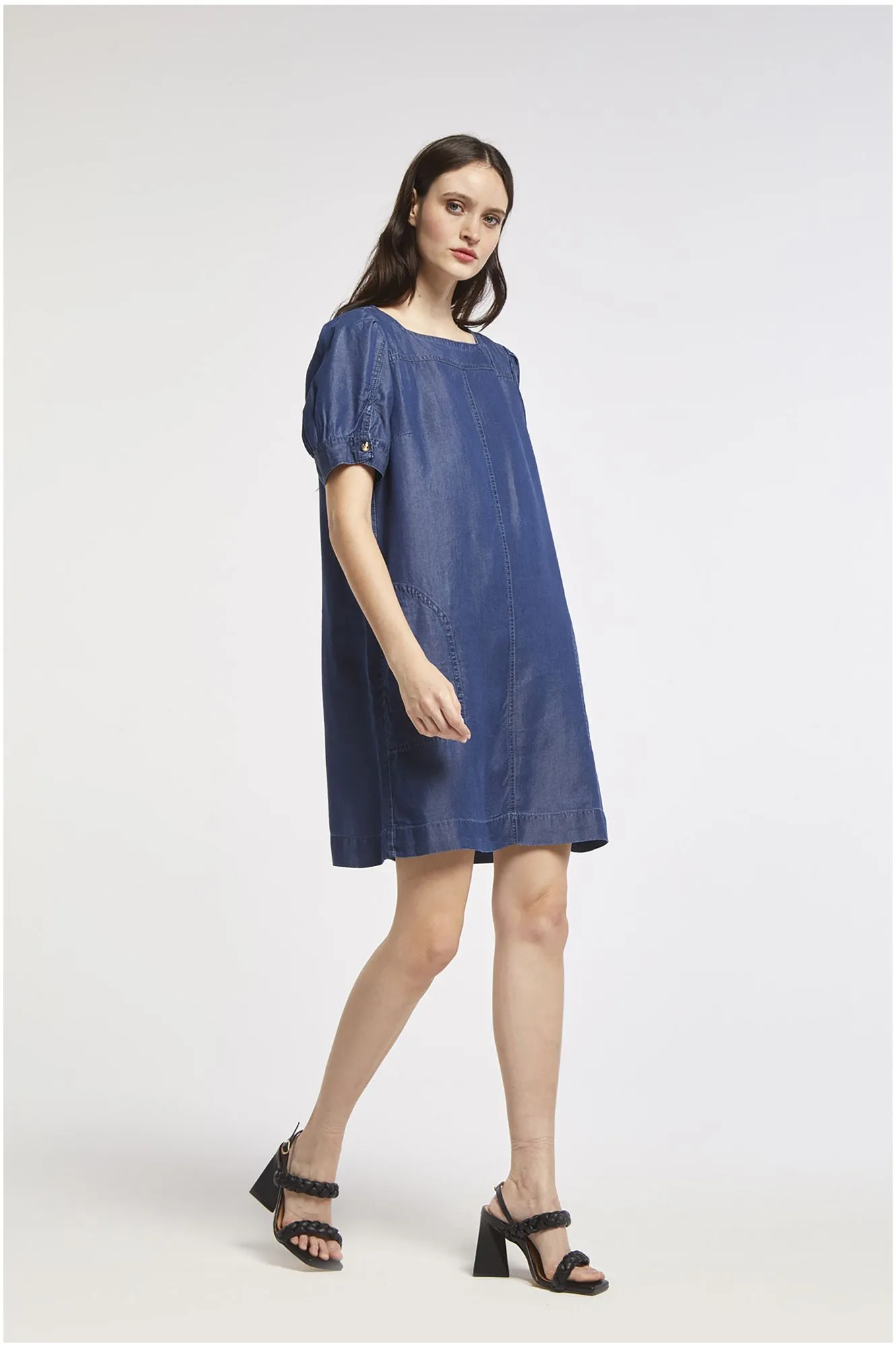 robe à manches courtes en denim tencel medium blue - CafèNoir