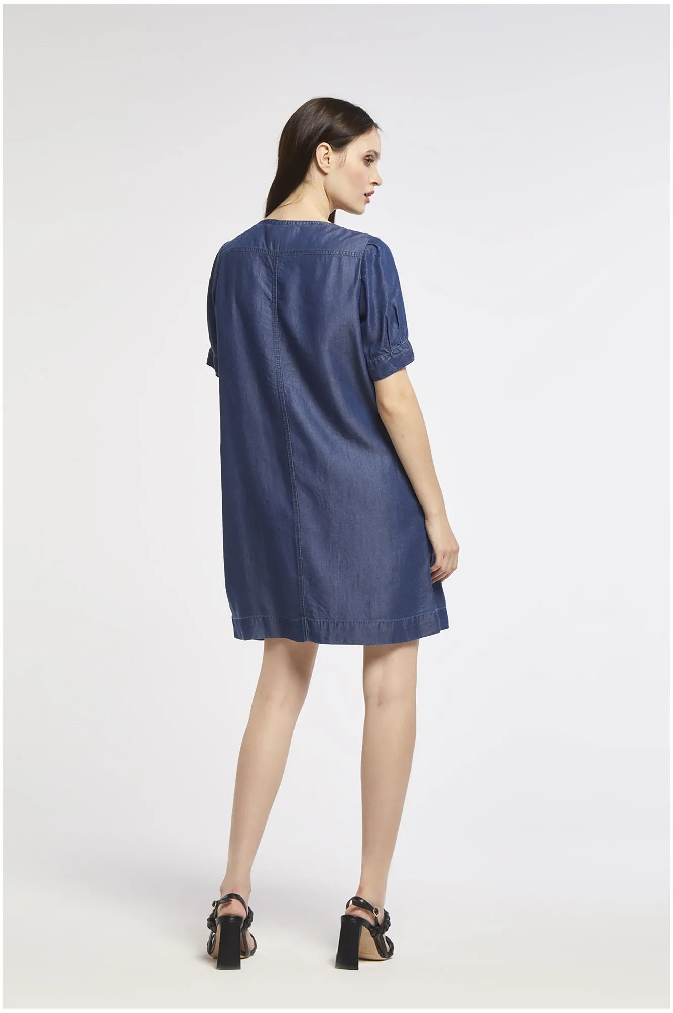 robe à manches courtes en denim tencel medium blue - CafèNoir