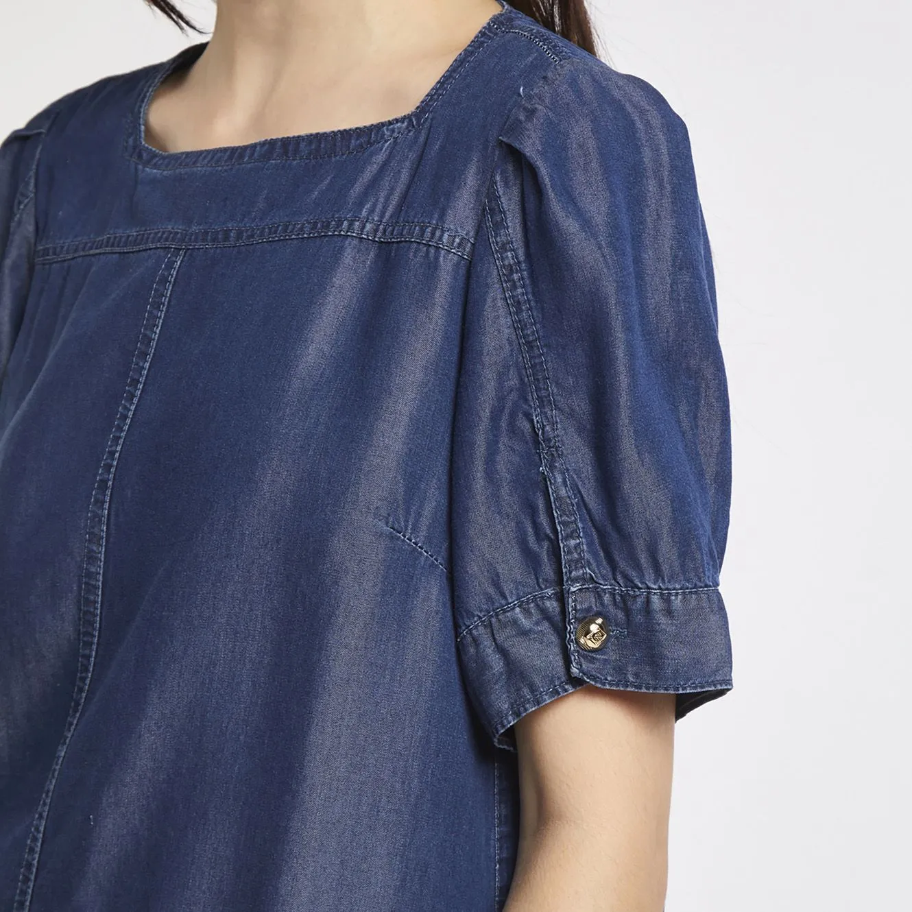 robe à manches courtes en denim tencel medium blue - CafèNoir