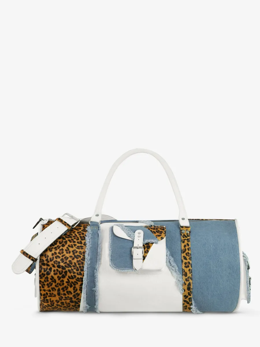 SAC DE VOYAGE CUIR BLANC ET LÉOPARD FEMME LeVoyageur XL Chimère - Denim / Blanc