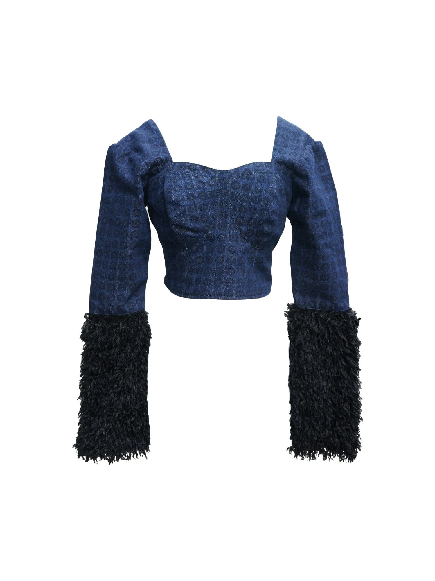 SAKARIA - Crop top décolleté cœur manches longues en denim bleu et plumes noires