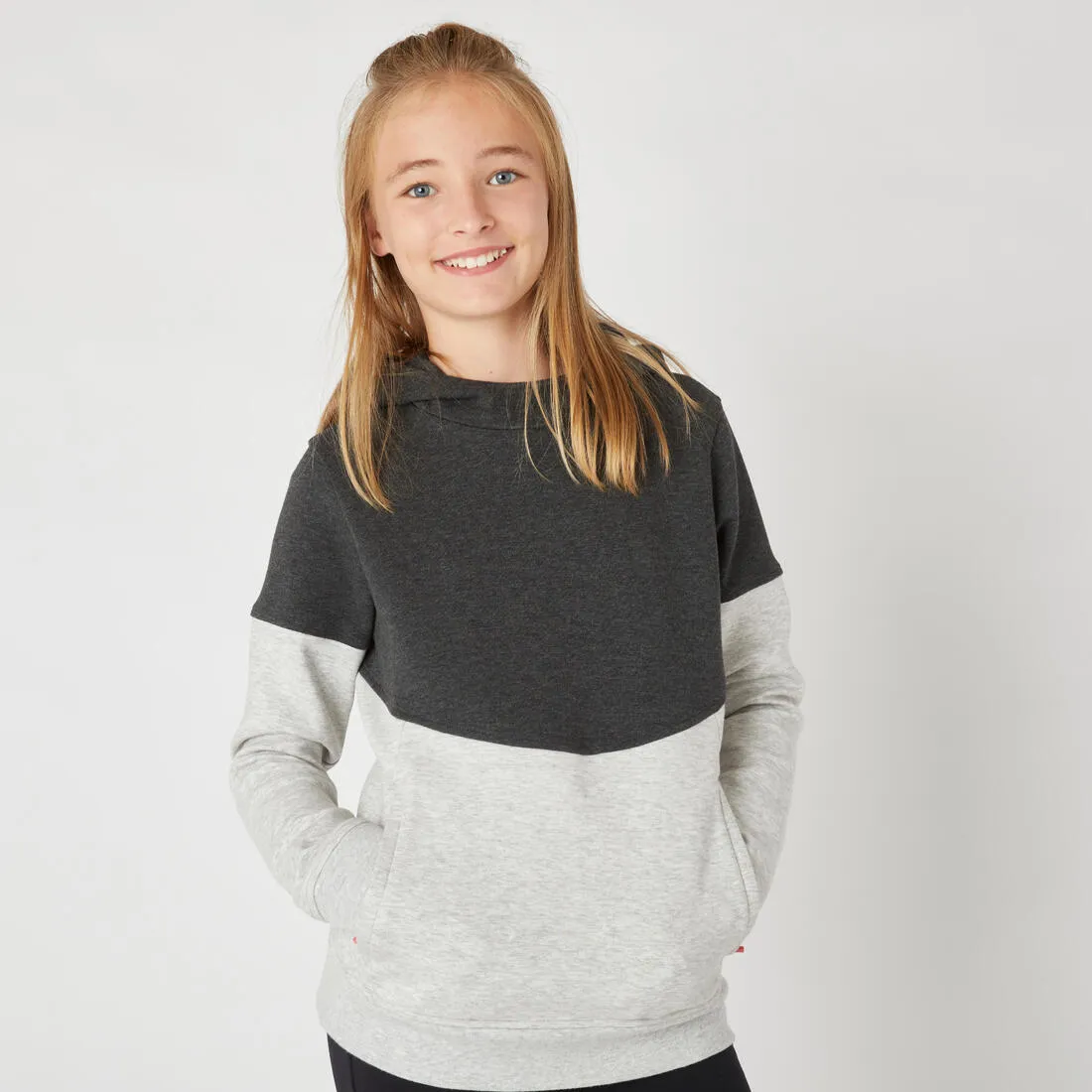 Sweat à capuche enfant coton respirant - 500 gris chiné clair et noir