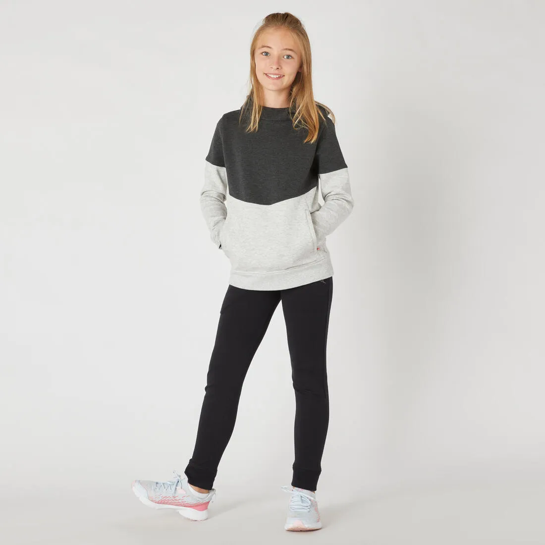 Sweat à capuche enfant coton respirant - 500 gris chiné clair et noir